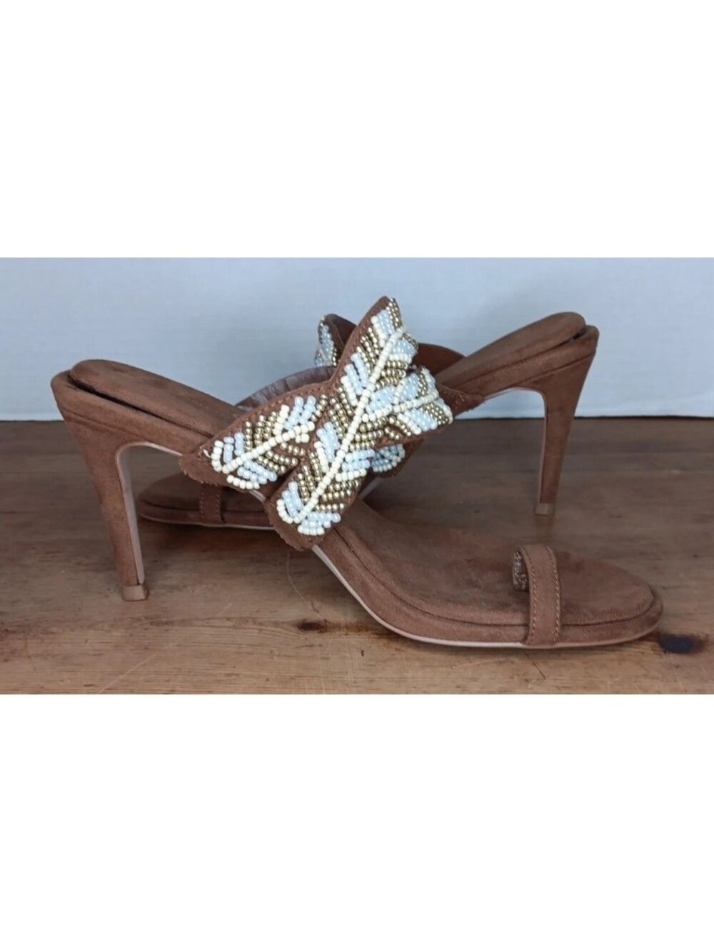 Jessica Simpson Rixei Sandal Womens 8 Brown Beaded Strappy 3.5" Heel Slip On - Picture 2 of 10